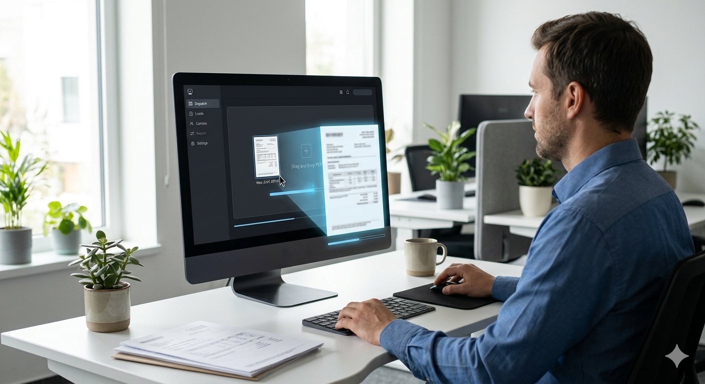 LoadKeeper AutoLoad screen, with the dispatcher uploading a PDF rate confirmation and the AI auto-creating the load