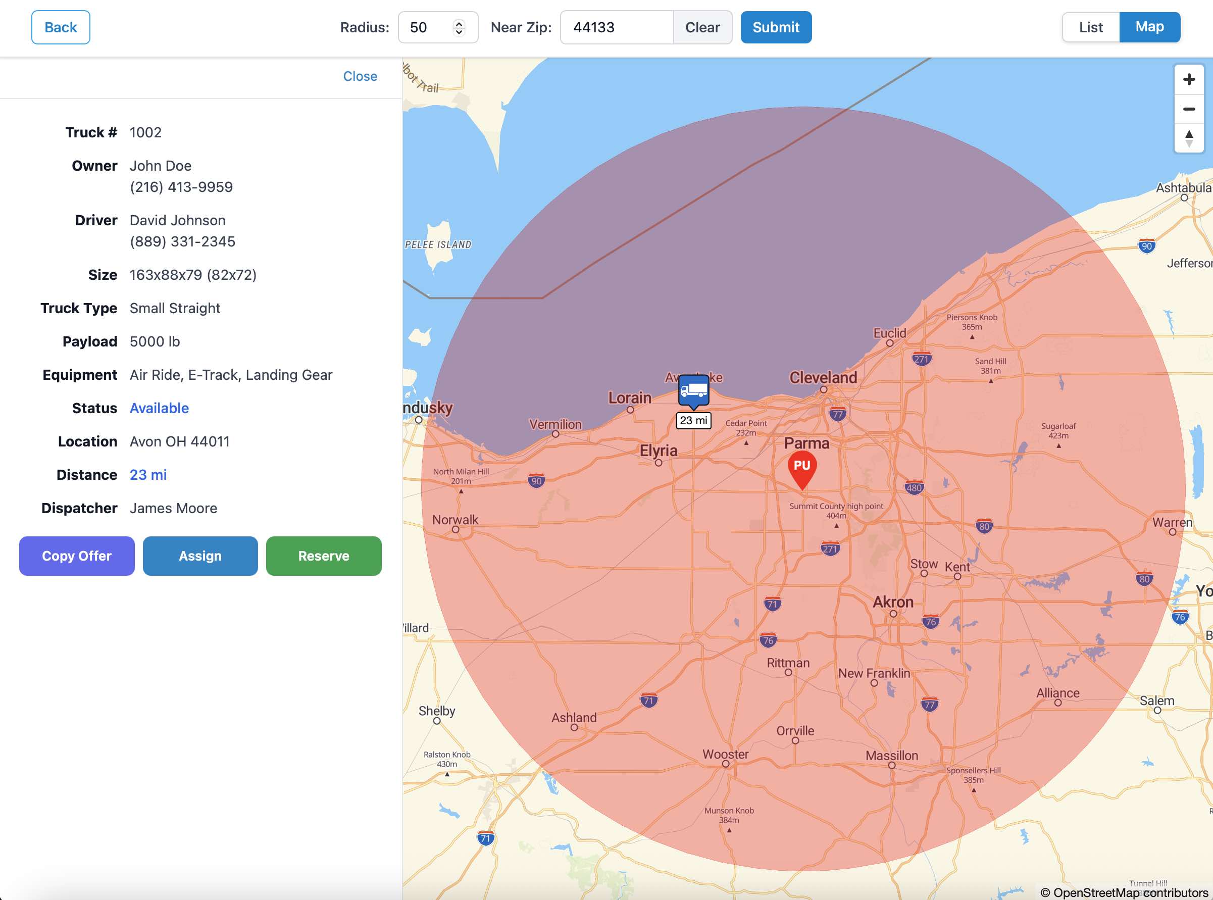 LoadKeeper truck availability map screen with markers ranked by driving distance from a pickup zip code