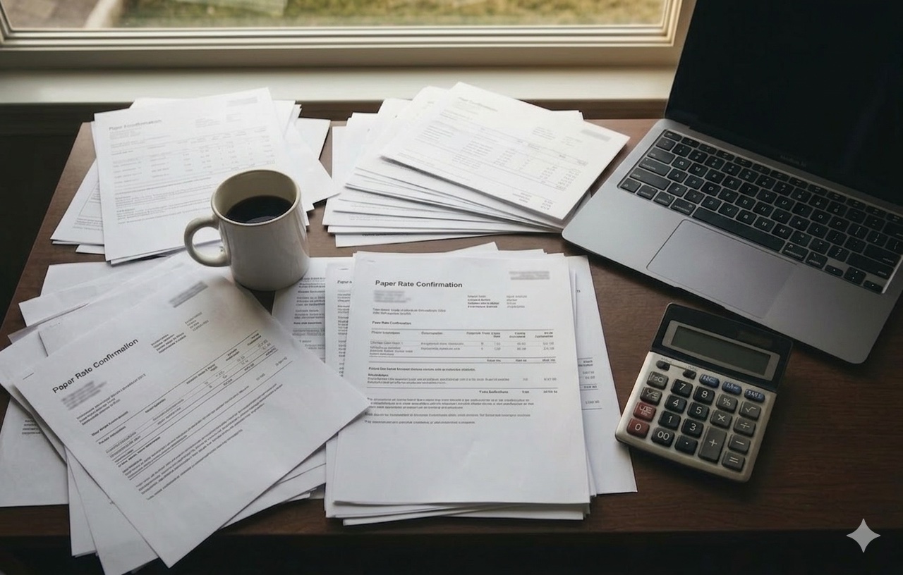 An overwhelmed dispatcher's desk piled with paper rate confirmations, sticky notes, and an old laptop