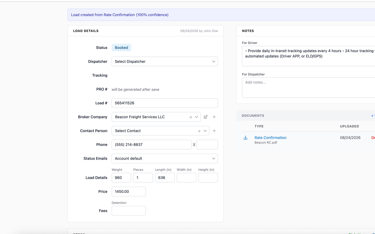 The load LoadKeeper created from the PDF &mdash; stops, dates, broker, and price filled in