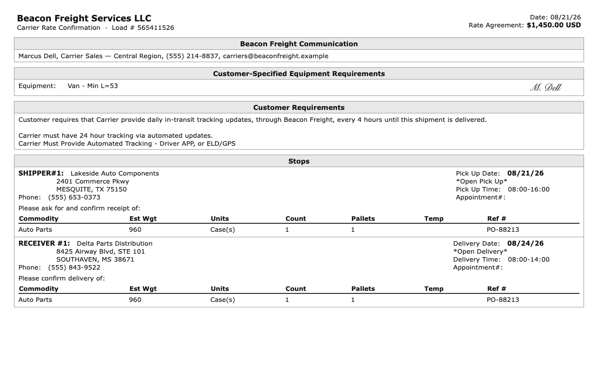 The broker's rate confirmation PDF
