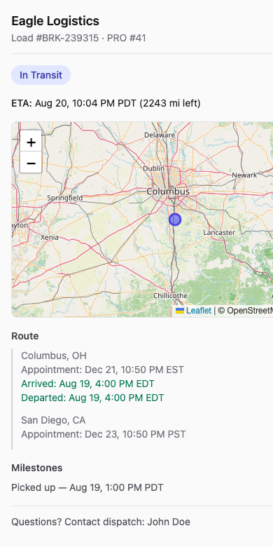 The public tracking page a broker sees &mdash; status, map, ETA