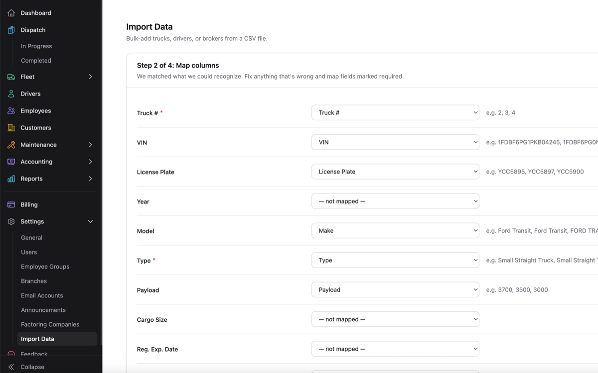 The CSV import wizard mapping spreadsheet columns to LoadKeeper fields