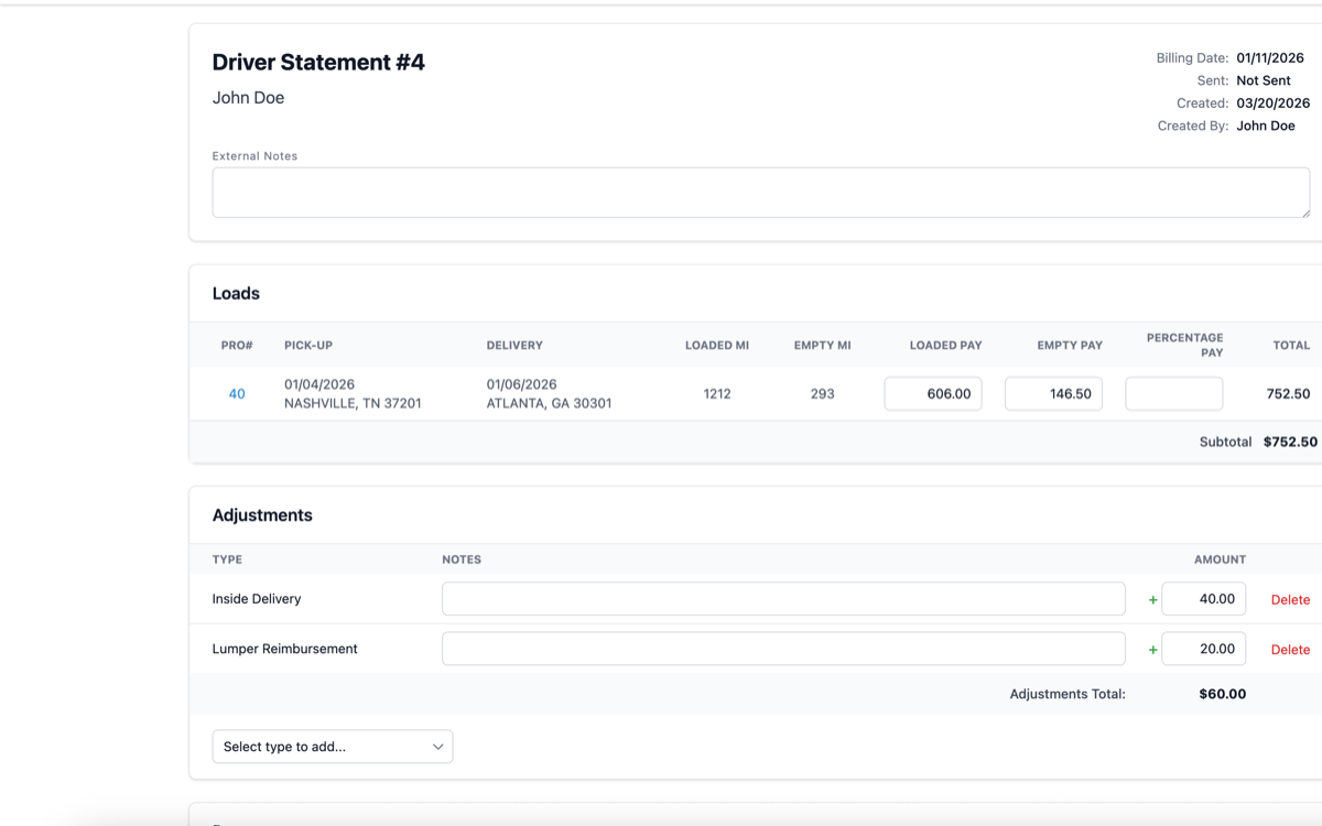 A driver settlement statement with line items