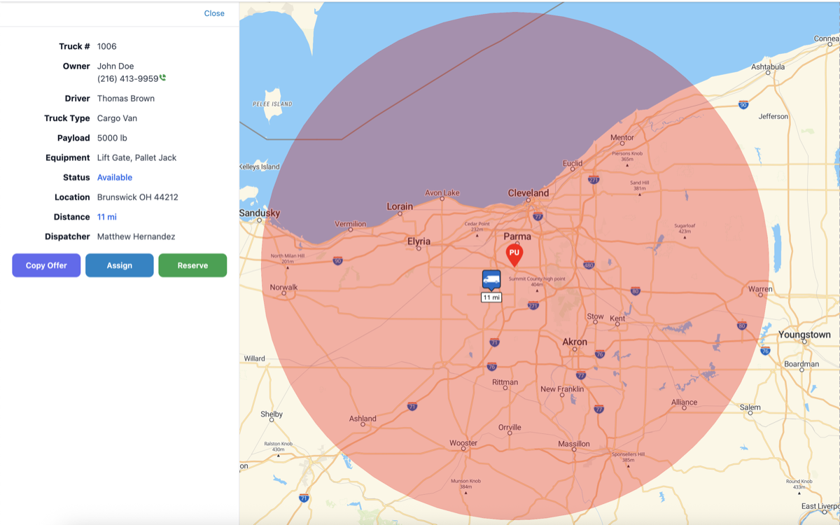 Truck availability map ranked by driving distance from a pickup zip