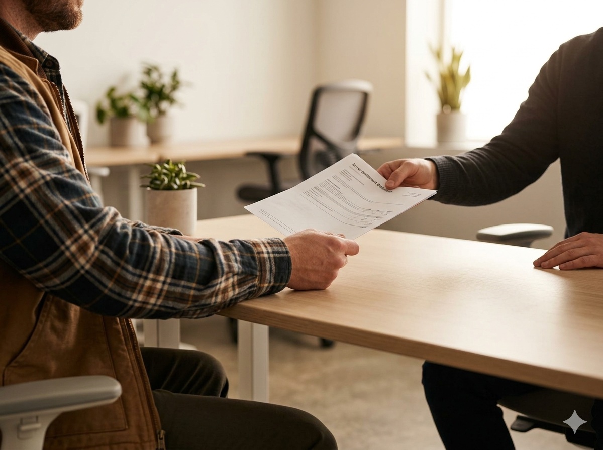 Truck driver reviewing a clear line-item LoadKeeper pay settlement statement at a small office desk