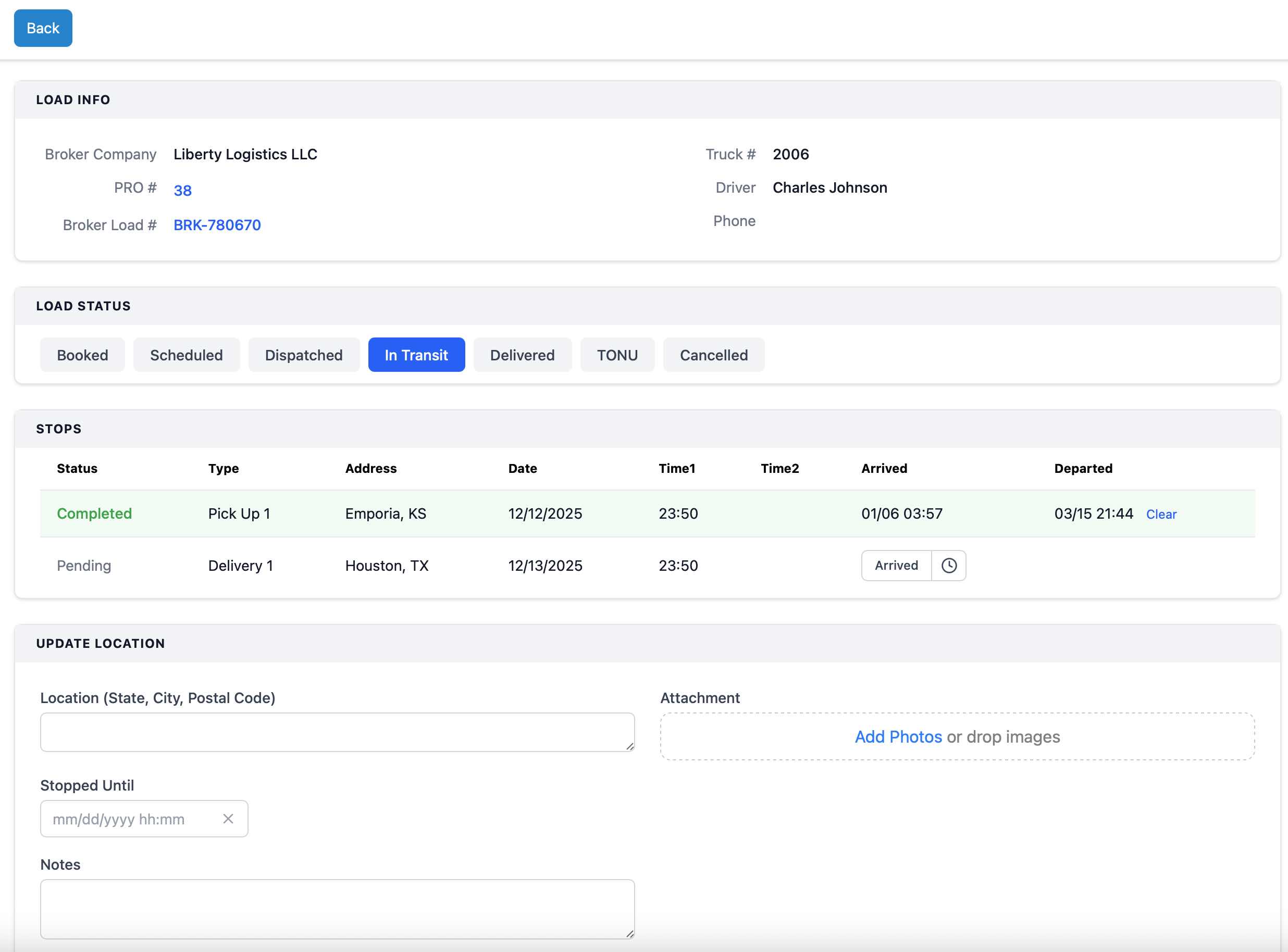 LoadKeeper load detail screen showing live status timeline from booked to delivered with timestamped updates